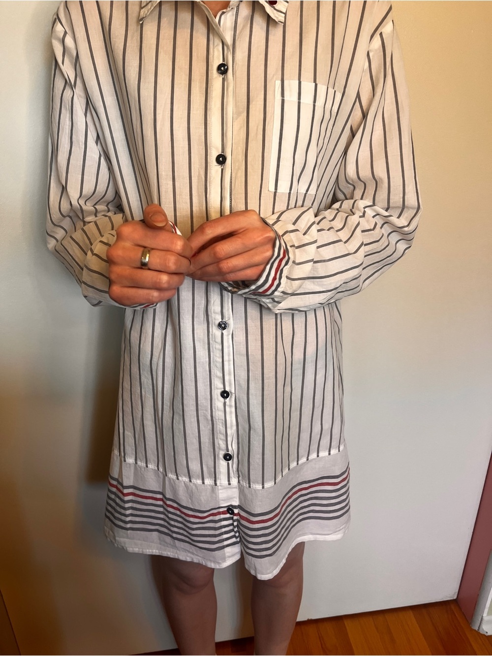 P.J. Salvage White Button-Front Mini Dress with Black and Red Stripes
